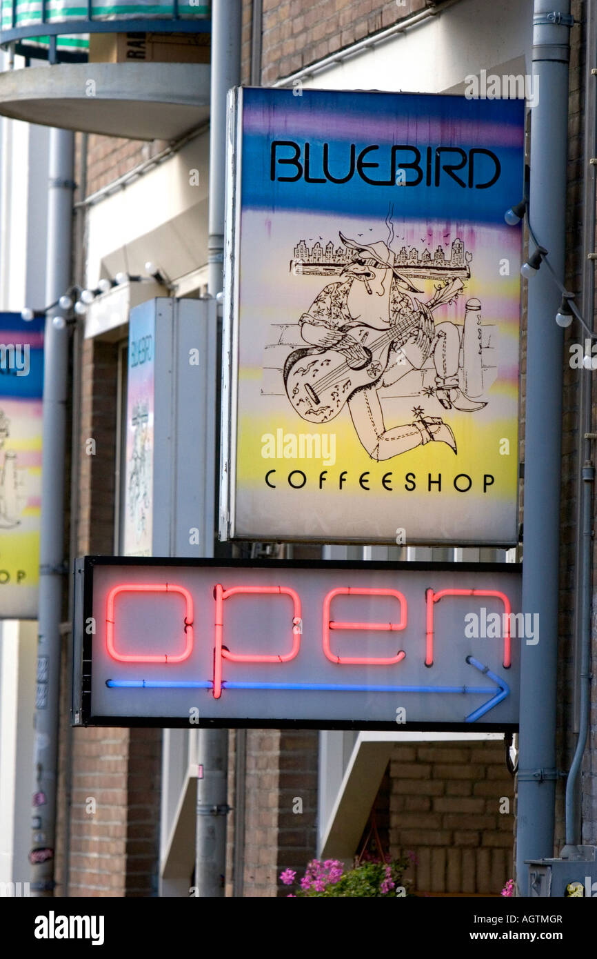 Un signe pour le Bluebird Café à Amsterdam Pays-Bas Banque D'Images