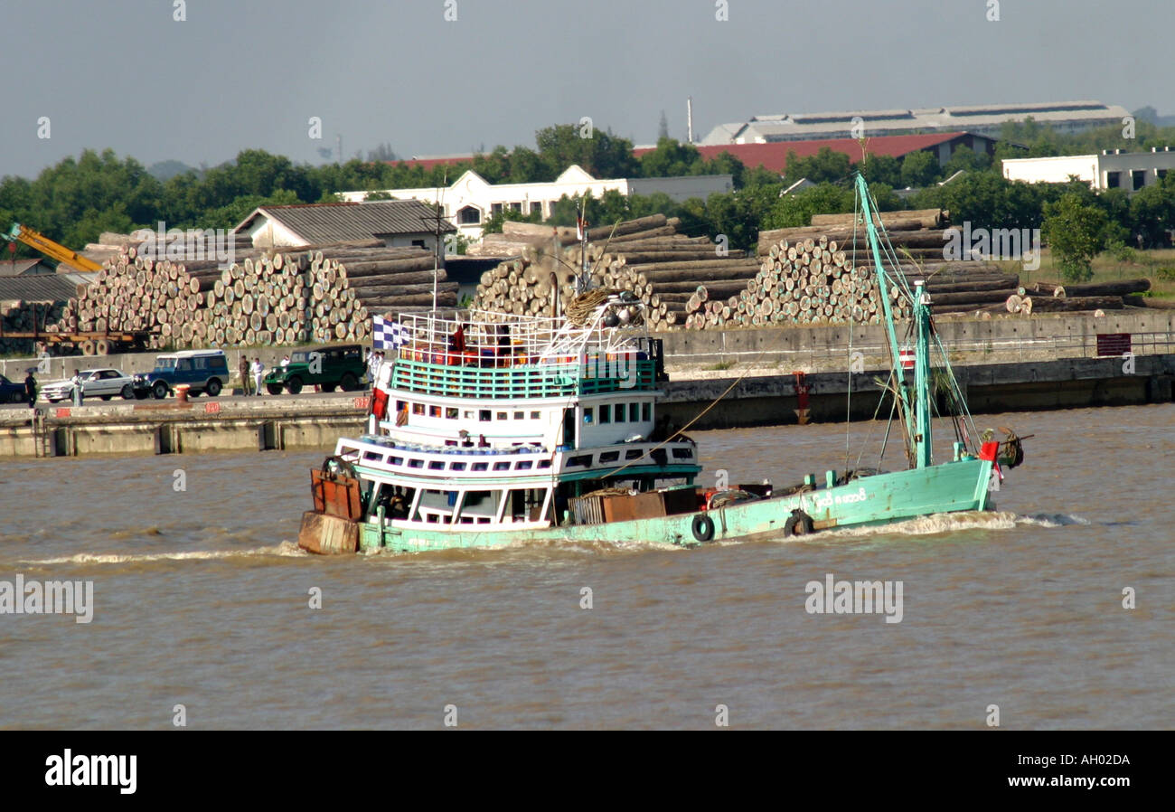 Teak log empilés sur les rives de la rivière Irrawady,Ayerwaddy, près de Yangon, RangoonMyanmar,la Birmanie en attente d'exportation Banque D'Images