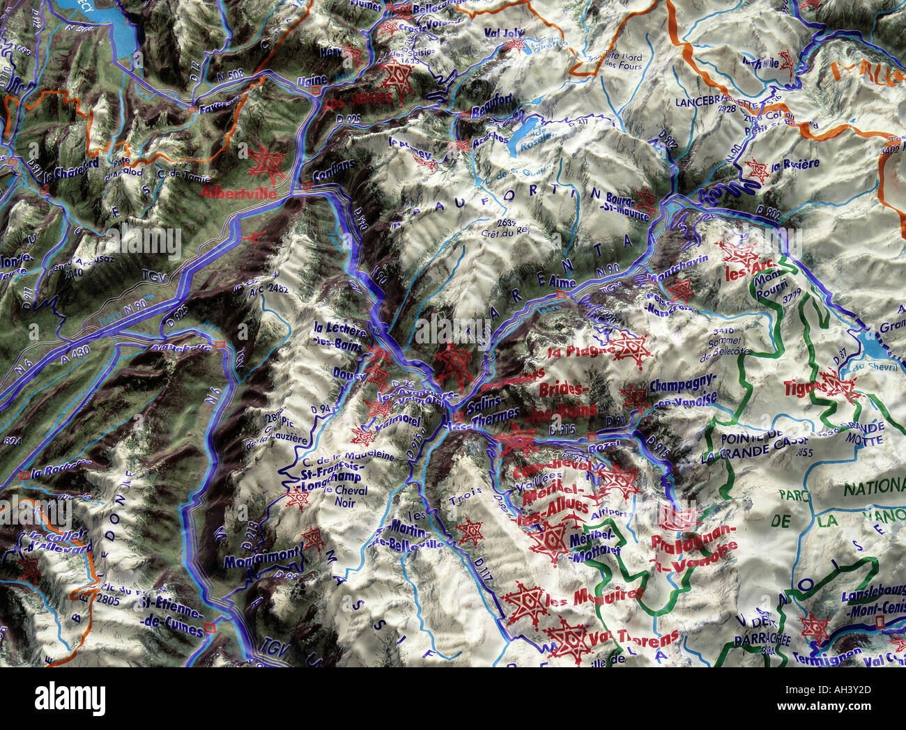 Carte de relief de 1992 lieux de jeux olympiques d'hiver dans les Alpes françaises autour d'Albertville Savoy France Europe Banque D'Images
