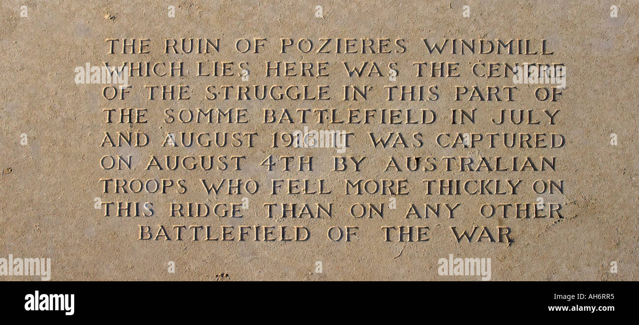 Inscription à Pozieres Mémorial Australien moulin l'Aisne Picardie France Banque D'Images