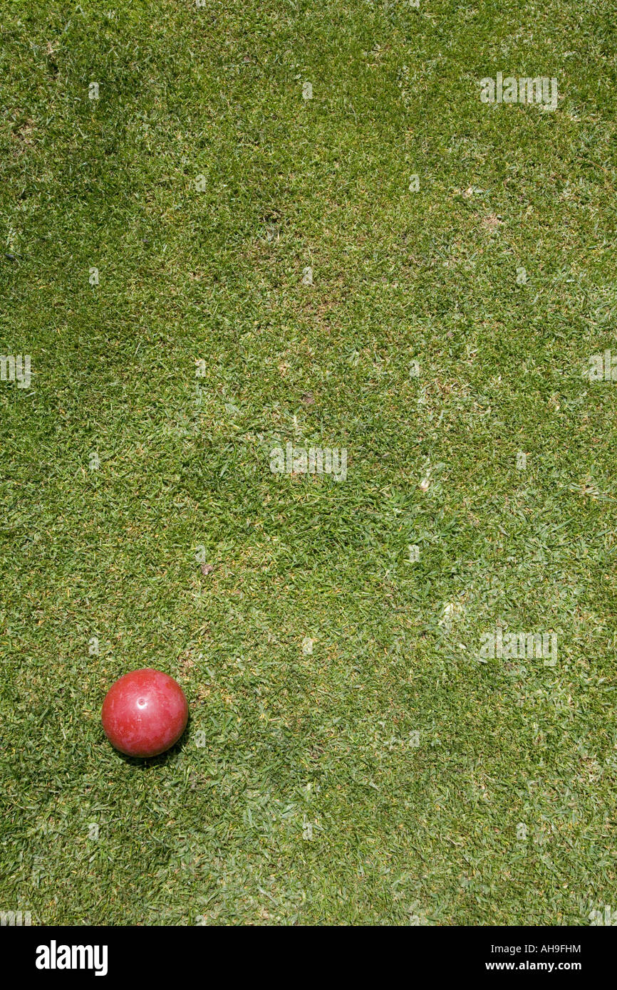 Un jeu de boules lyonnaises rouge sur un champ d'herbe verte. Banque D'Images