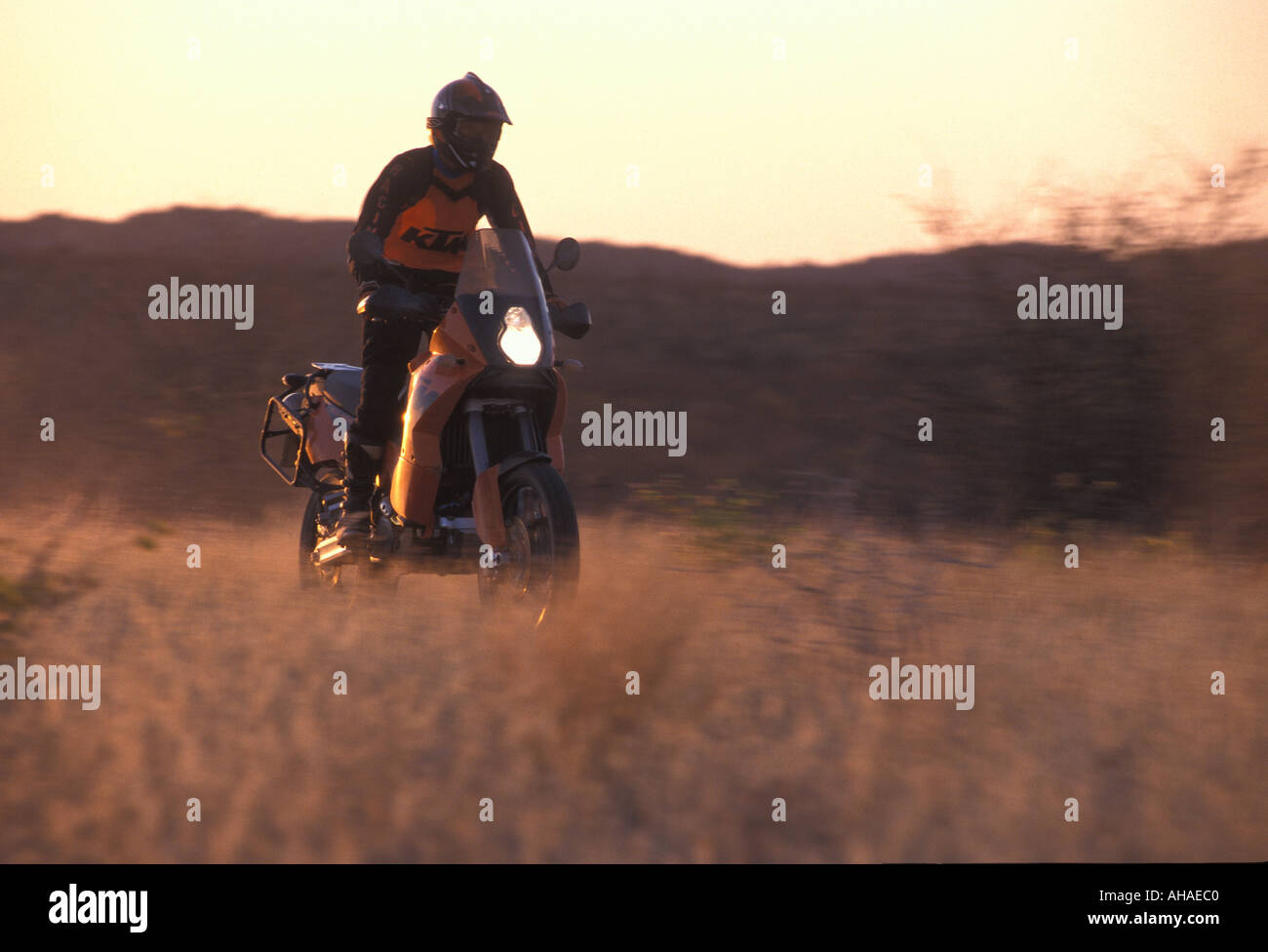 Équitation motard par de l'herbe au coucher du soleil parution modèle Banque D'Images