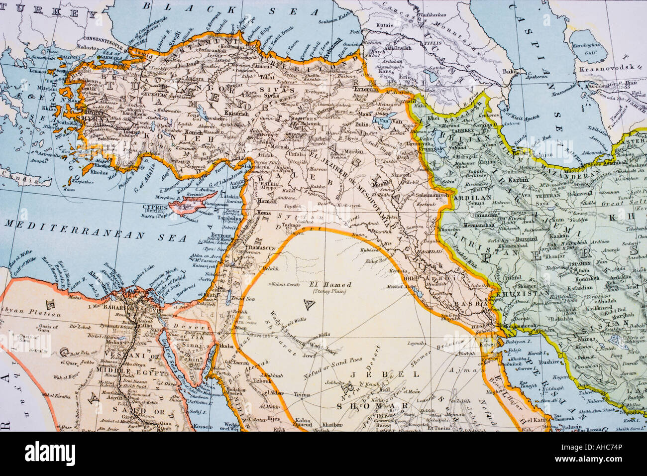 Carte partielle du Moyen-Orient dans les années 1890. Banque D'Images