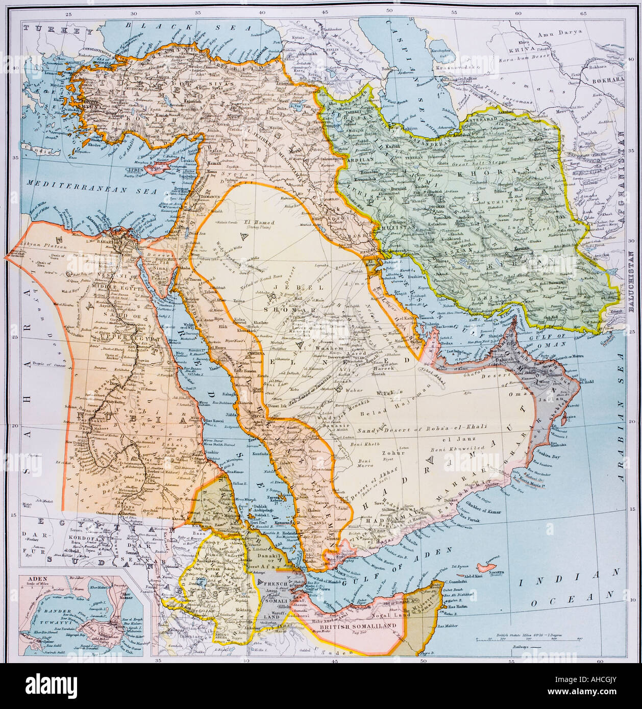 Carte partielle du Moyen-Orient dans les années 1890. Banque D'Images
