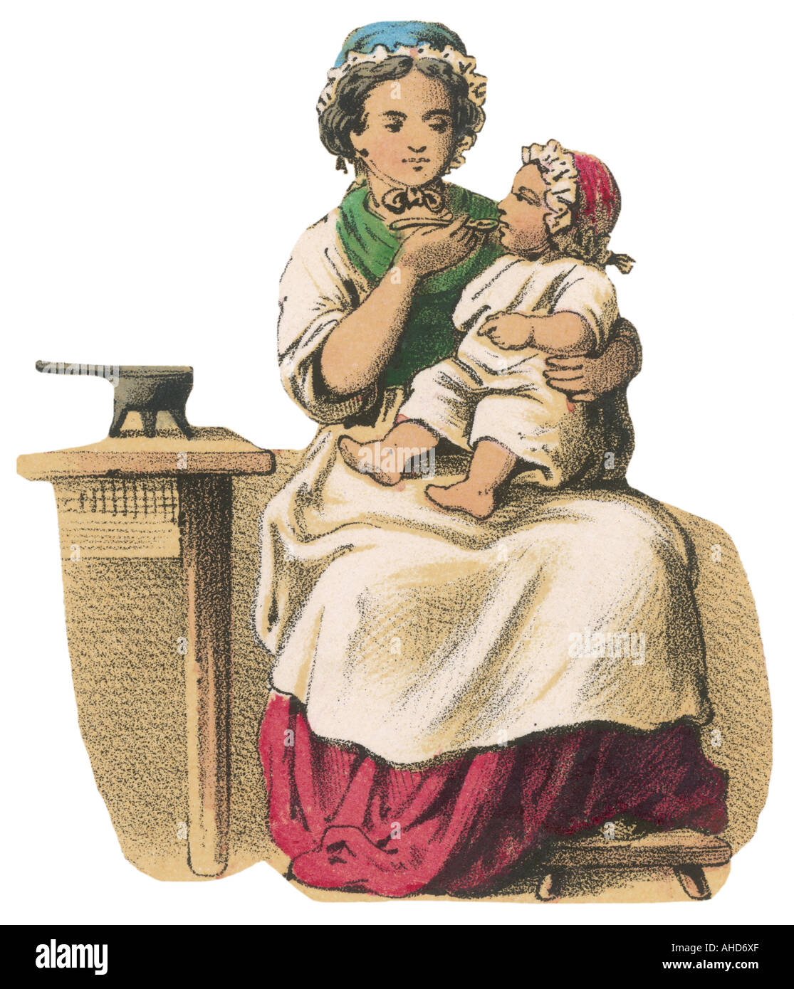 Mère nourrir bébé 19c Banque D'Images