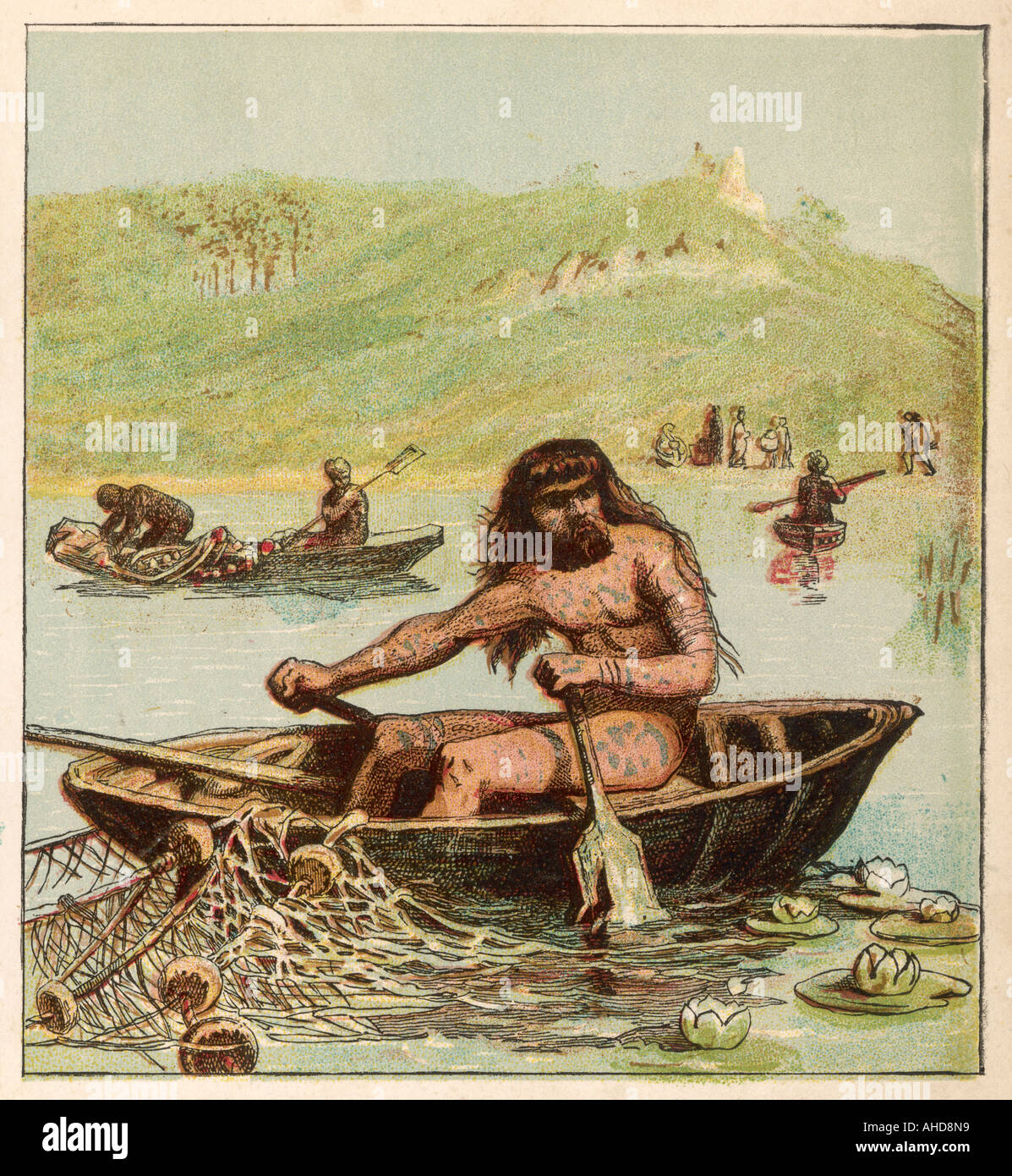 Woaded Briton en Coracle Banque D'Images