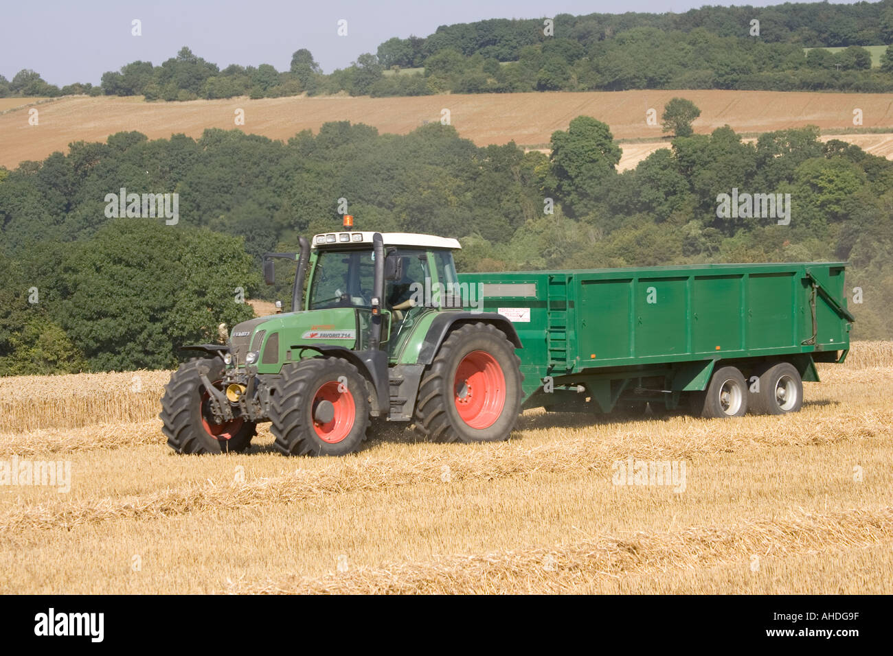 Tracteur tirant des blé de moissonneuse-batteuse, Cotswolds près de Winchcombe UK Banque D'Images