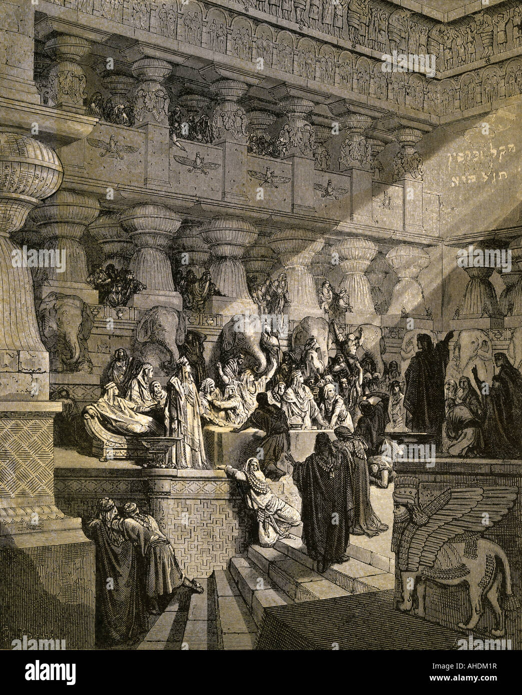 La religion, scènes bibliques, l'écriture sur le mur, Livre de Daniel, chapitre 5, gravure de Gustave Dore, Paris, France, en 1865, le judaïsme, le christianisme, l'Ancien Testament, fête, Fête du roi Beltschatsar, avertissement, Babylone, 19e siècle, historique, historique, l'ancien monde, les gens, l'artiste n'a pas d'auteur pour être effacé Banque D'Images