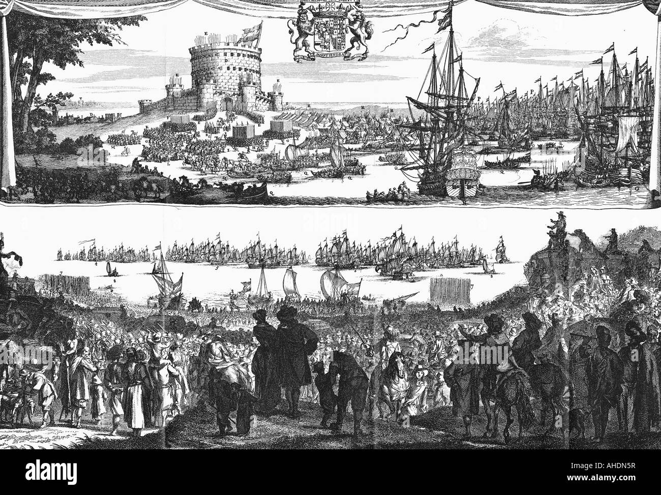 Géographie/voyage, Grande-Bretagne, Révolution Glorieuse 1688, embarquement de William III d'Orange à Hellevetsluis 13.11.1688 et atterrissage à Torbay, Devon, 15.11.1688, après gravure de P. Nolpe, Orange-Nassau, Pays-Bas, Angleterre, chute du roi James II, Stuart, politique, protestants, XVIIe siècle, historique, Nassau, peuple, Banque D'Images