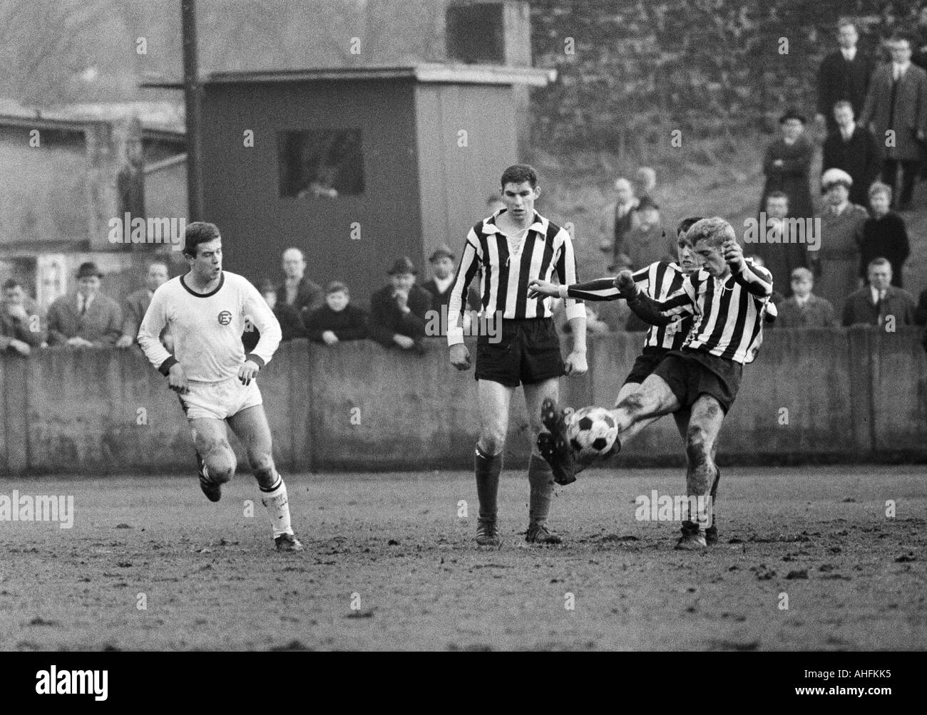 Regionalliga West, football, 1966/1967, l'Eintracht Gelsenkirchen versus ETB Schwarz-Weiss Essen 0:0, poursuivi Stadium Gelsenkirchen, théâtre de l'allumette, f.l.t.r. Gerd Ziemann (gels), Hans Hülsmann (ETB), Karlheinz Mozin (ETB), Hermann Bredenfeld (ETB) Banque D'Images