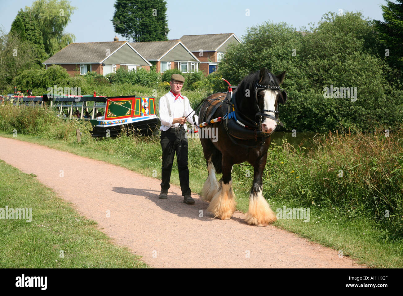 L'homme conduisant l'tirant barge transportant les touristes sur canal de Tiverton, Devon, Angleterre Banque D'Images