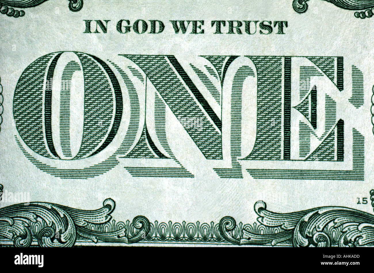 Close up of en Dieu Nous avons confiance et une sur le verso du United States one dollar bill Banque D'Images Close up of en Dieu Nous avons confiance et une sur le verso du United States one dollar bill Banque D'Images