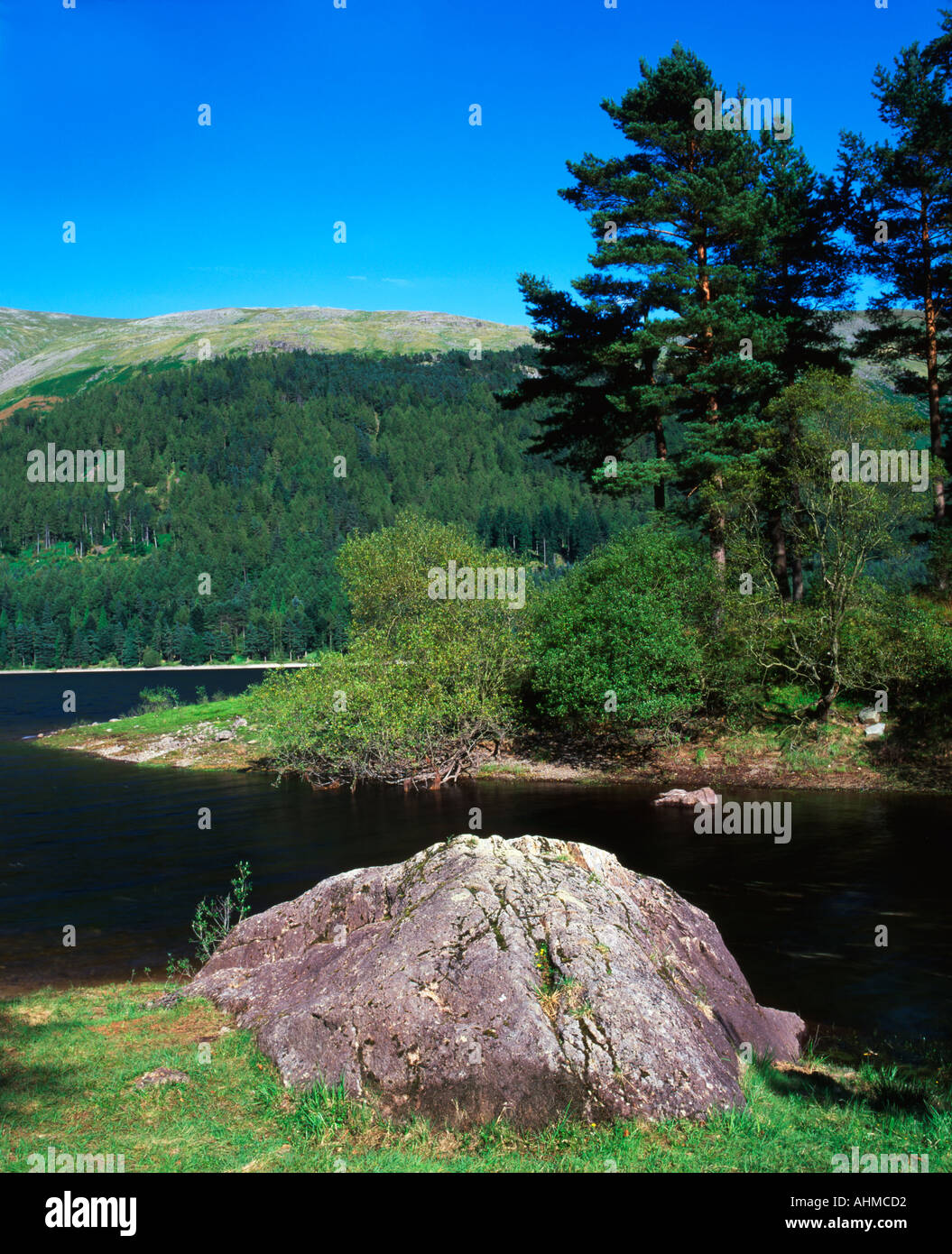 Thirlmere réservoir dans le Lake District pris de Dobgill bridge avec un gros rocher au premier plan et un fond d'arbres. Banque D'Images