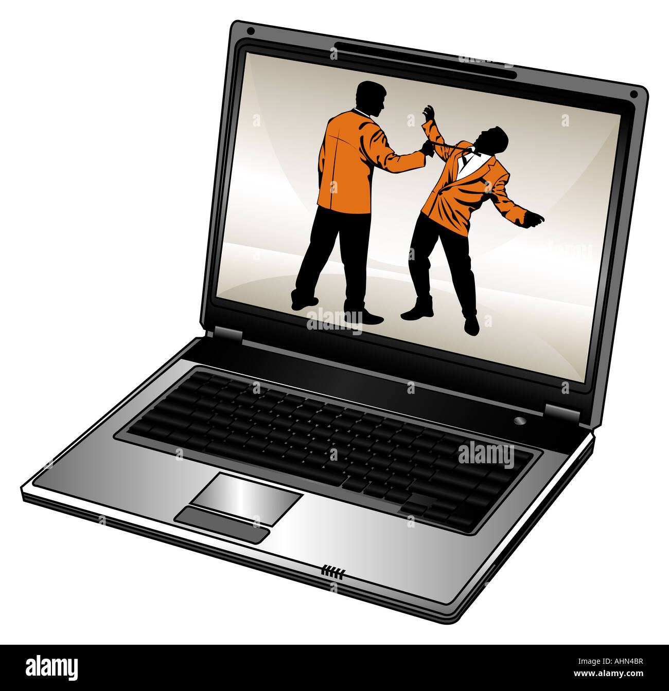 Silhouette humoristique de businessman et ordinateur portable ouvert Banque D'Images