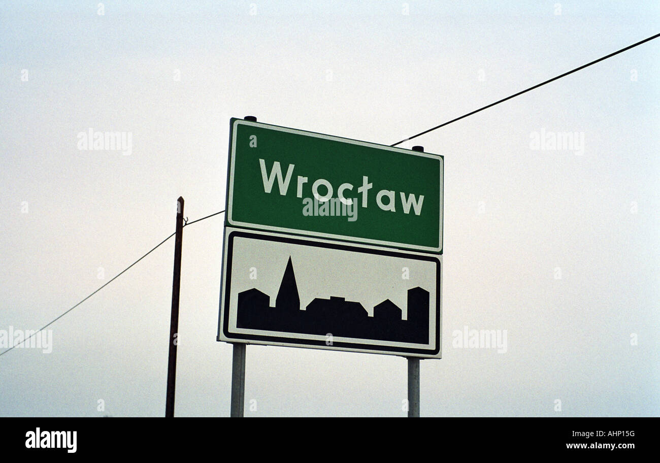 Signe marquant les limites de la ville de Wroclaw, Pologne Banque D'Images