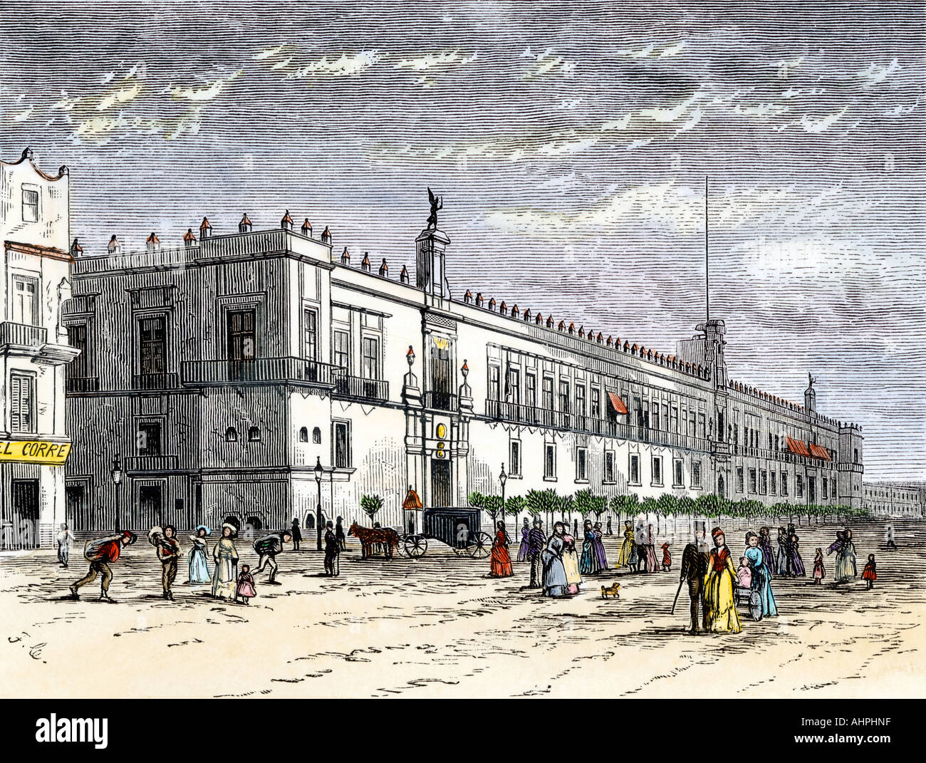 Palace du Mexique à Mexico des années 1800. À la main, gravure sur bois Banque D'Images