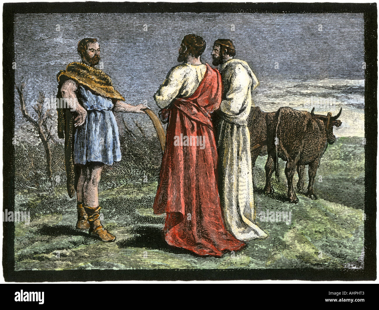 Cincinnatus sur sa ferme d'accepter la dictature de Rome par le Sénat 458 BC. À la main, gravure sur bois Banque D'Images
