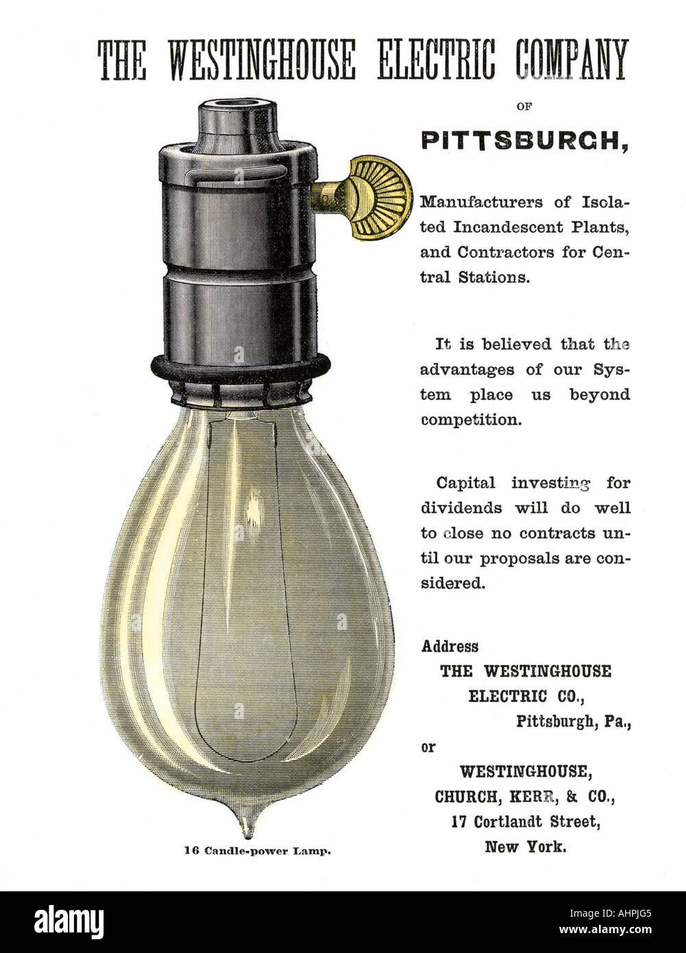 Annonce pour Westinghouse Electric Company 16 alimentation bougie lampe à incandescence 1886. À la main, gravure sur bois Banque D'Images