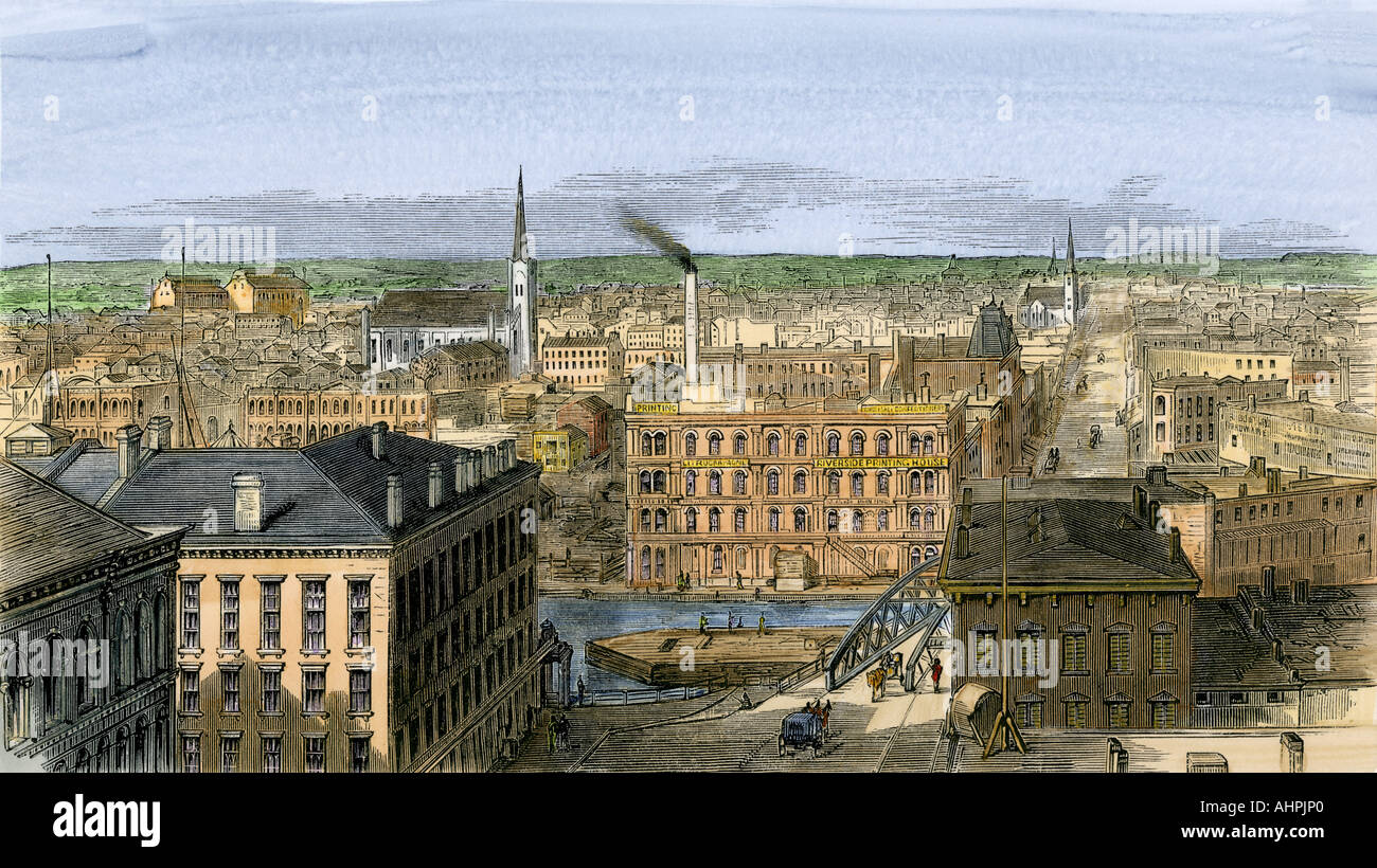 Milwaukee Wisconsin à l'ouest à partir de la rive du lac Michigan, 1870. À la main, gravure sur bois Banque D'Images