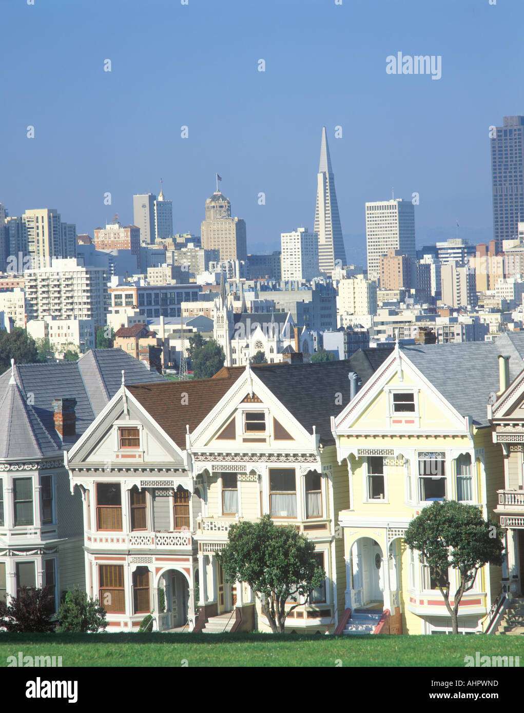 Victorian House District Steiner Street avec le centre-ville de San Francisco en arrière-plan Banque D'Images