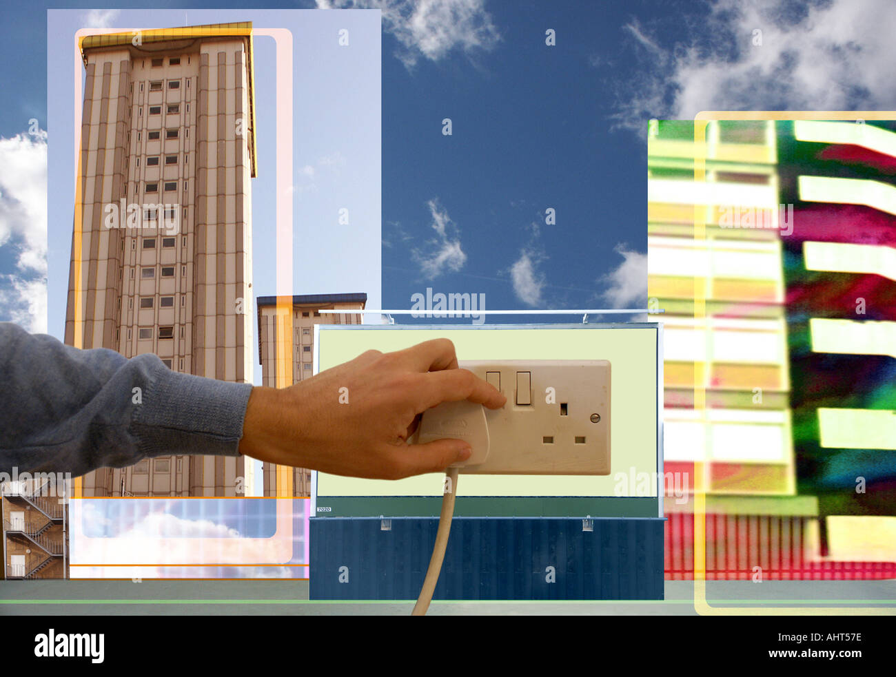 Mettre la main à la douille du bouchon dans le paysage urbain imaginaire Banque D'Images