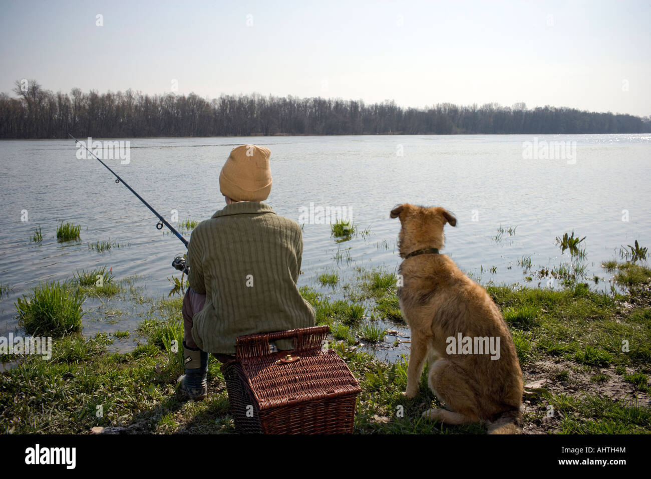 Boy (12-14) la pêche en rivière avec chien de compagnie, vue arrière Banque D'Images