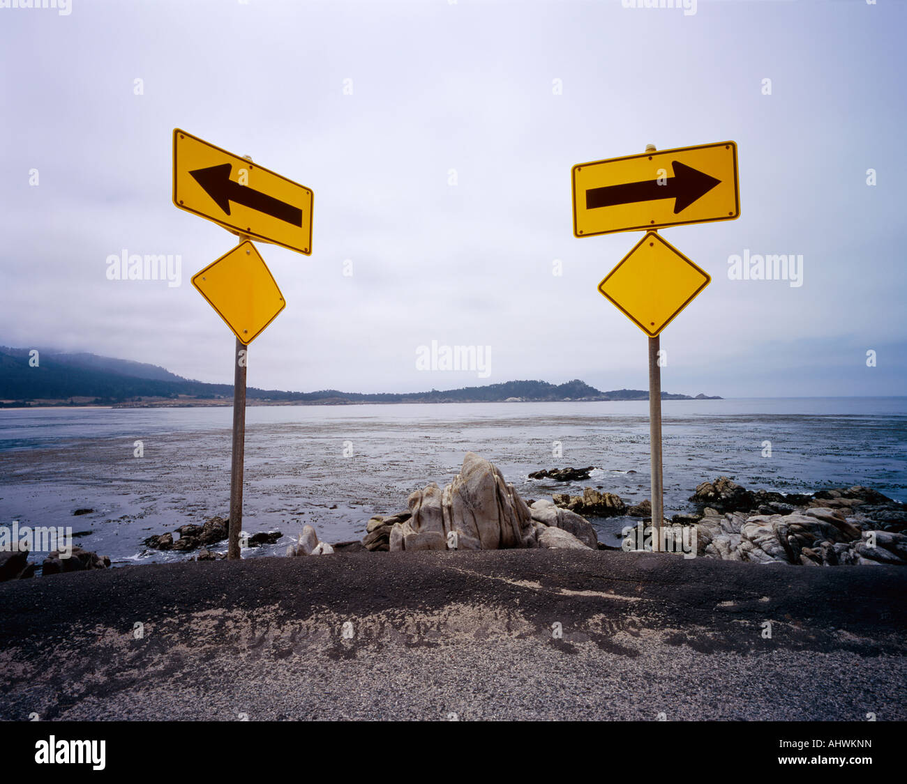 deux panneaux de signalisation jaunes indiquant gauche et droite avec noir flèches indiquant les routes divergentes devant vous Banque D'Images