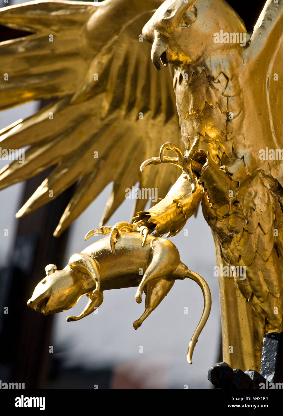Cette sculpture Golden Hawk et le rat se trouve au sommet d'un poteau indicateur à Édimbourg High Street, Royal Mile, l'Écosse. Banque D'Images