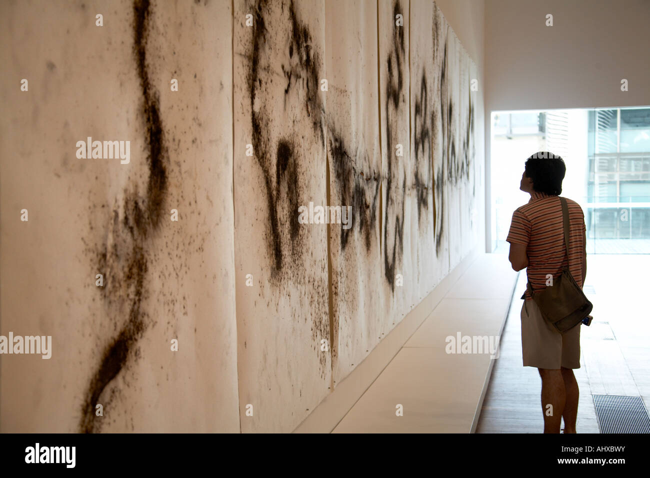 Femme en silhouette à l'oeuvre à l'intérieur de la galerie d'Art Moderne de Brisbane Queensland QLD Australie Banque D'Images
