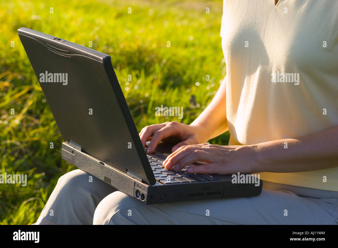 Femme de la saisie sur un ordinateur portable dans un pré vert Banque D'Images