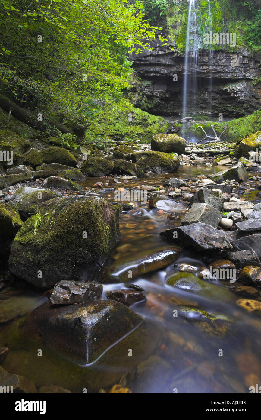 Henrhyd tombe la plus haute cascade dans le sud du Pays de Galles est réduite à un filet dans l'été, le Parc National des Brecon Beacons Banque D'Images