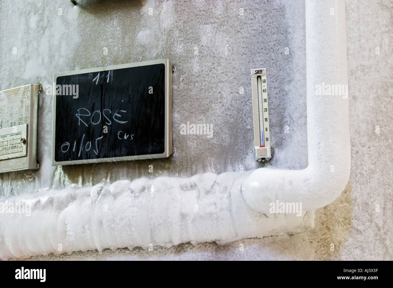 Détail d'une cuve de fermentation en acier inoxydable avec vin encore en cours de stabilisation à froid. Le réservoir est recouvert de glace depuis Banque D'Images