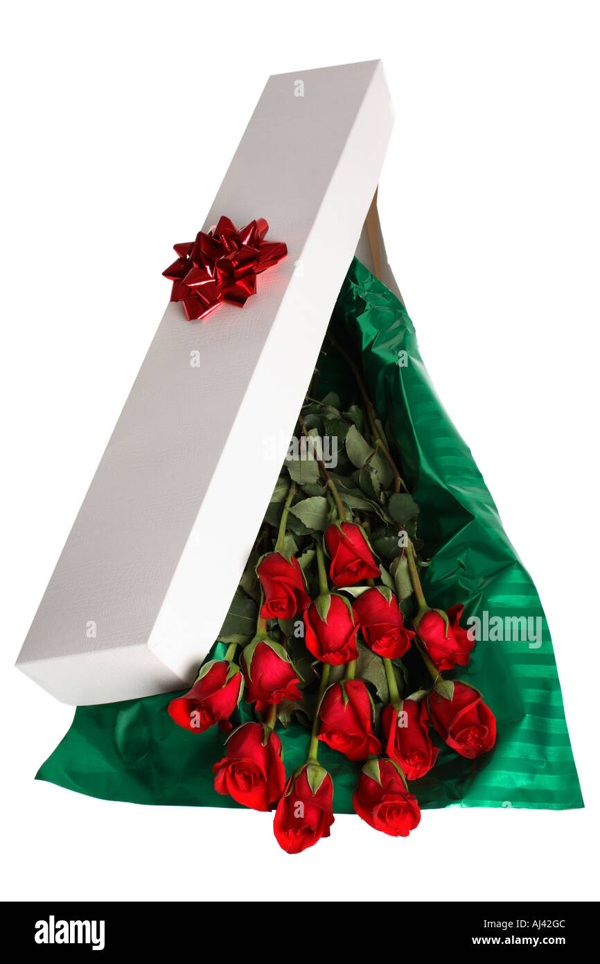 Une douzaine de roses rouges en boite cadeau Banque D'Images