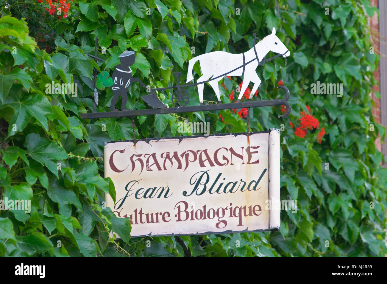 Une enseigne peinte en fer forgé qui illustre le thème de la production de vin et champagne : Un homme et un cheval blanc labourer un vignoble, Champagne Jean Bliard, Culture Biologique (production biologique), le village d'Hautvillers dans la vallée de la Marne, Champagne, Marne, Ardennes, France Banque D'Images