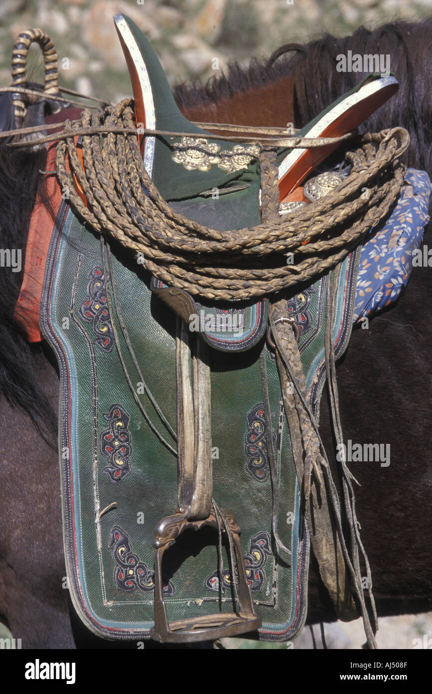 Photo en niveaux de gris d’un cheval avec une selle en cuir noir photo