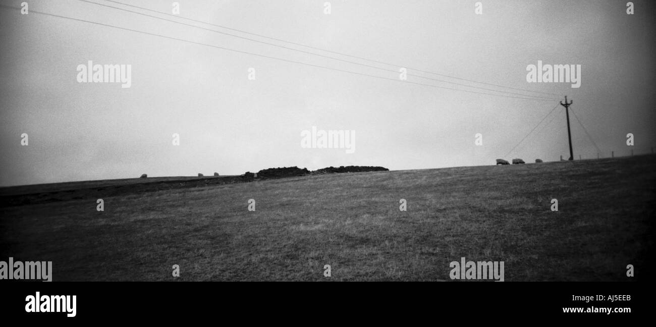 Image en noir et blanc à la recherche à travers un champ ouvert/terres agricoles jusqu'à le haut d'une colline Banque D'Images