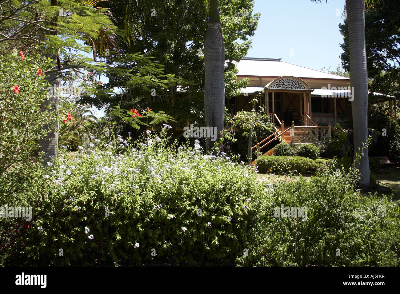 L'extérieur de l'ancien style colonial Queenslander maison en bois construction avec jardins en Dakabin Queensland QLD Australie Banque D'Images