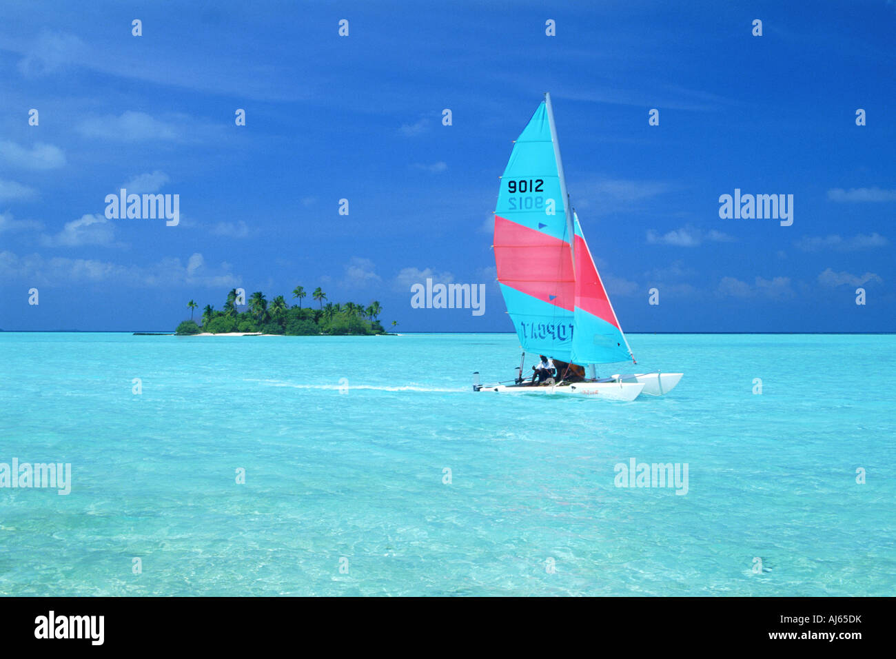 L'avion pour traverser les eaux aqua Catamaran passé île déserte dans les Maldives Banque D'Images