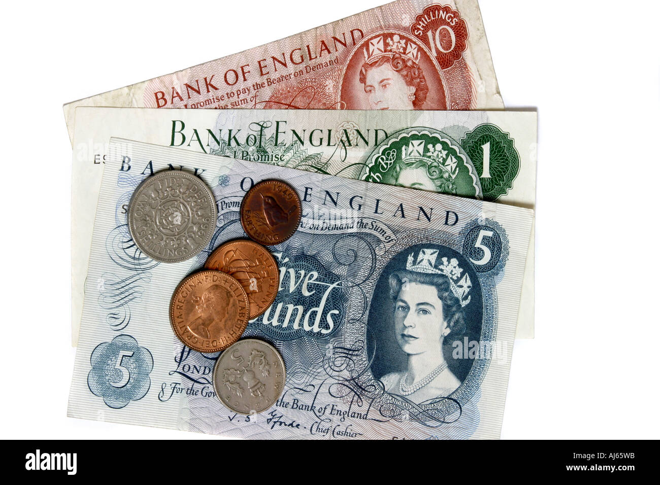 Les pièces et billets en vieil anglais des années 60 et 70. Banque D'Images