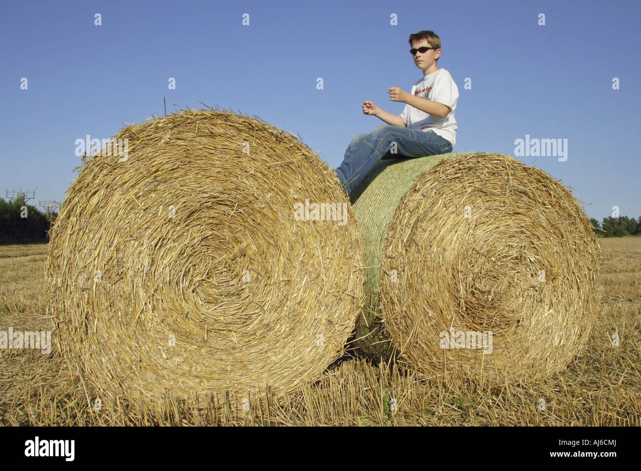 Botte de paille tracteur, Allemagne, Rhénanie du Nord-Westphalie Banque D'Images