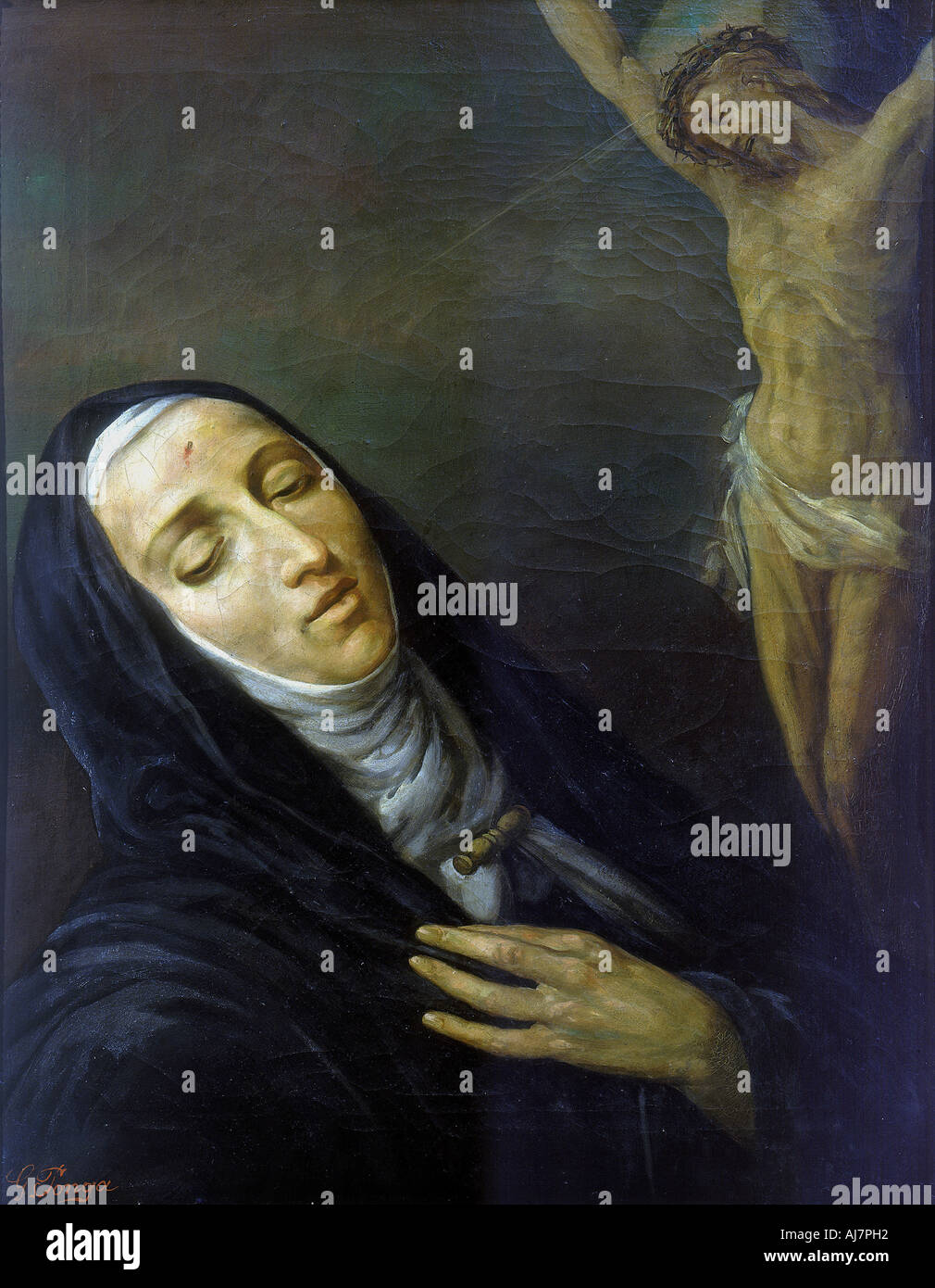 St Rita de Cascia en extase devant la figure du Christ sur la croix, 19e siècle. Artiste : Anon Banque D'Images