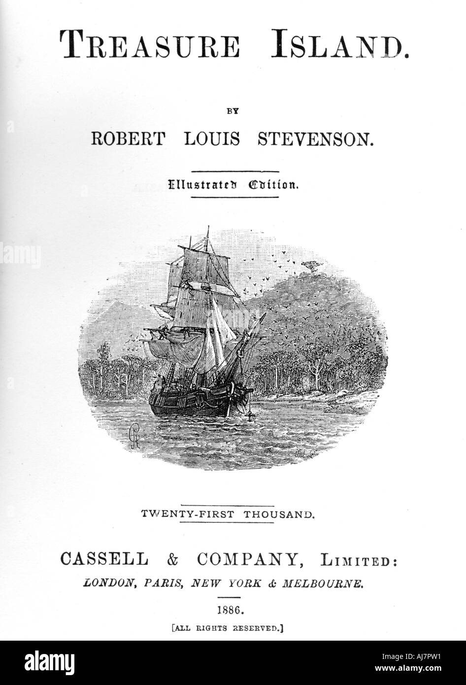 Page de titre de l'île au trésor de Robert Louis Stevenson, 1886. Artiste : Inconnu Banque D'Images