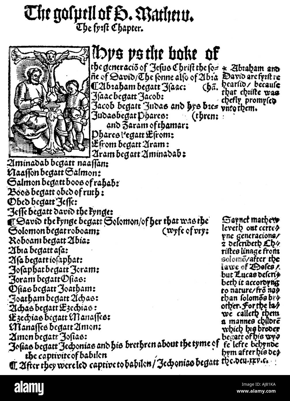 Première page de l'Évangile de saint Matthieu de William Tyndale anglais du Nouveau Testament, 1525. Artiste : Inconnu Banque D'Images