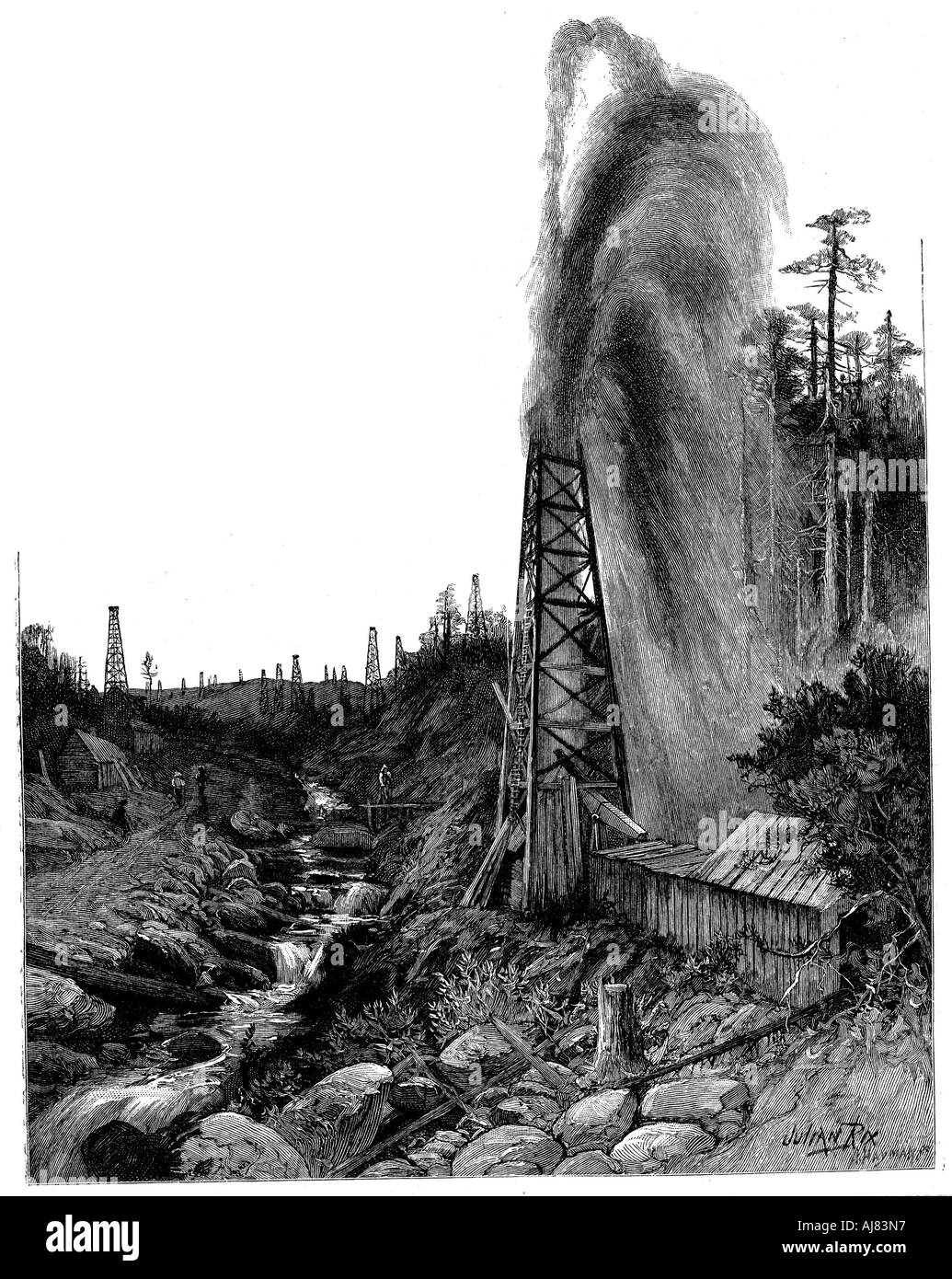 Un puits jaillissant dans les champs de pétrole pennsylvanien, USA, 1886. Artiste : Inconnu Banque D'Images