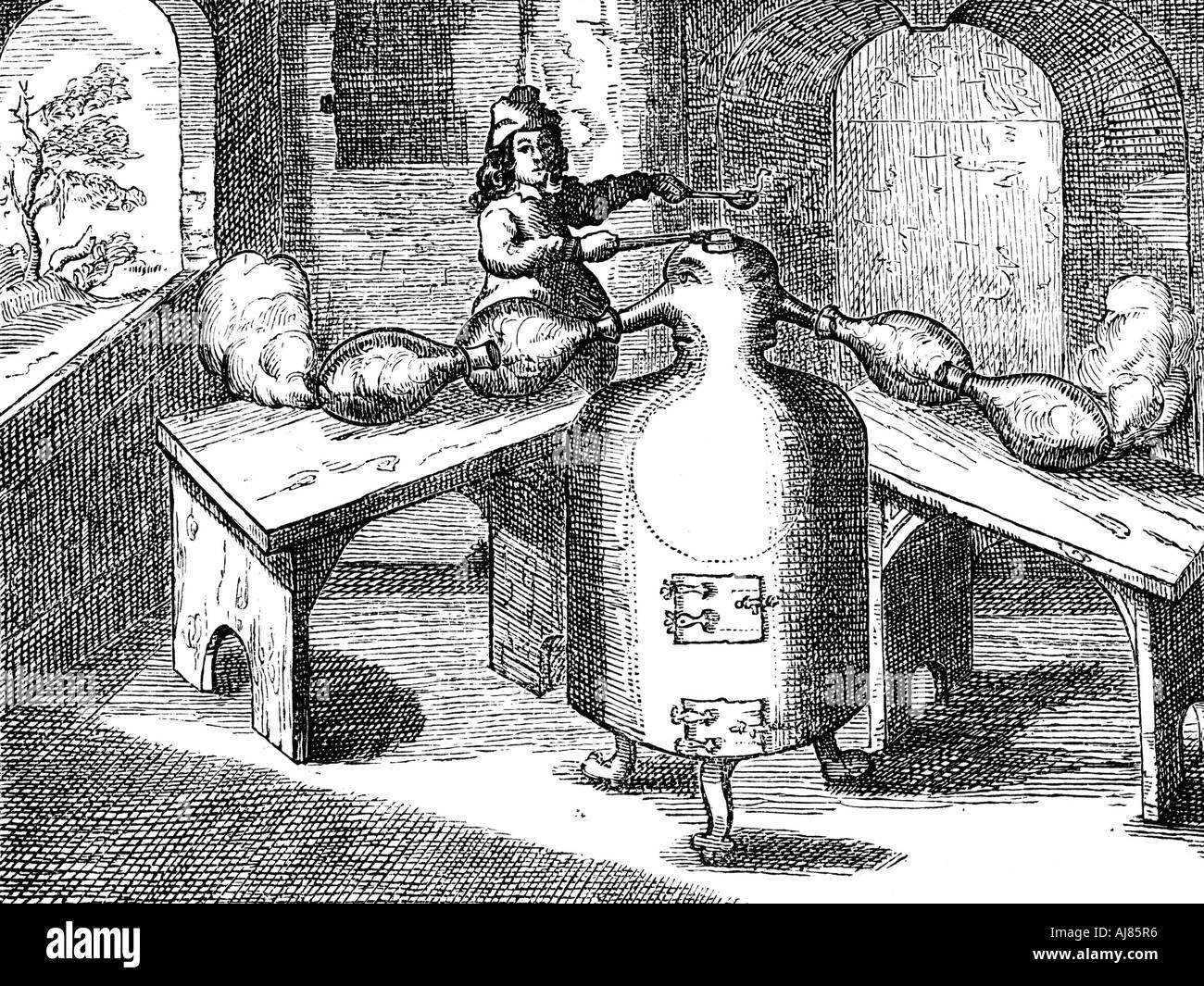 Distillation de l'acide nitrique (Aqua fortis ou l'acide de départ) dans une "l'homme de fer avec deux nez', 1689. Artiste : Inconnu Banque D'Images