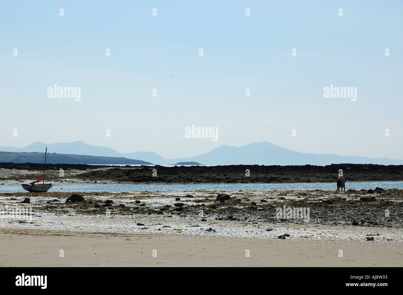 Conseil informatique bateau beach, Anglesey, au nord du Pays de Galles Banque D'Images