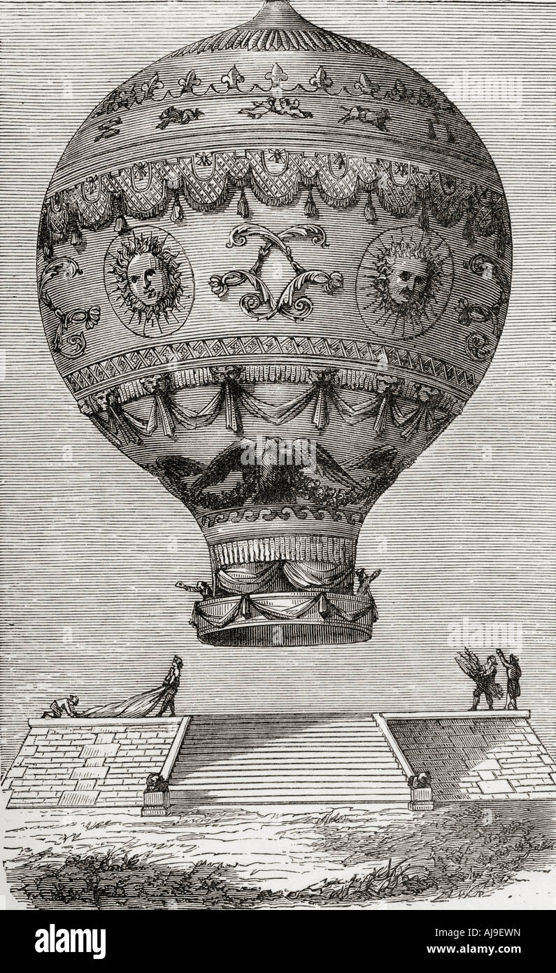 François Laurent le Vieux d'Arlandes Jean-François Pilatre de Rozier. Le premier vol en montgolfière libre avec pilote, le 21 novembre 1783, dans un ballon Montgolfier Banque D'Images