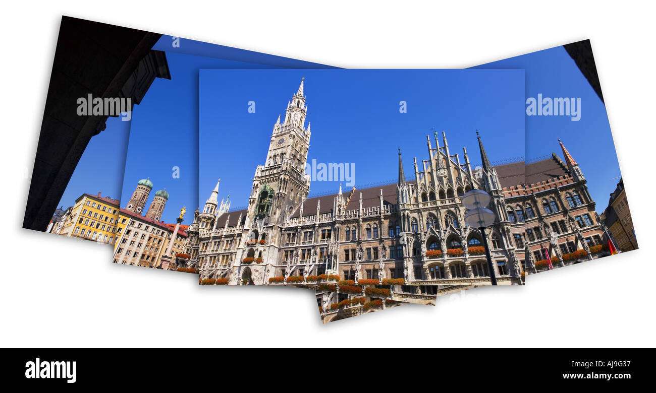 Stiched tout le panorama regarde autour de la Marienplatz, Munich carrément Mary Place ancienne mairie ville de Munich Bavaria Squar centrale Banque D'Images