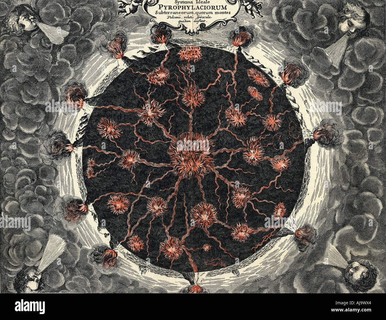 Vue en coupe transversale de la Terre, montrant feu central et volcans, 1665. Artiste : Inconnu Banque D'Images