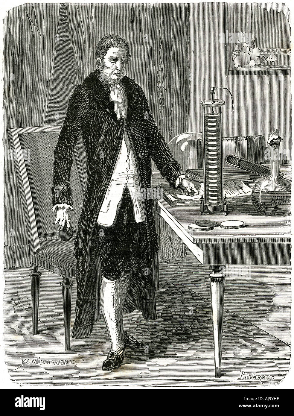 Alessandro Volta, physicien italien, démontrant sa pile électrique (batterie), c1800 (C1870). Artiste : Inconnu Banque D'Images Alessandro Volta, physicien italien, démontrant sa pile électrique (batterie), c1800 (C1870). Artiste : Inconnu Banque D'Images